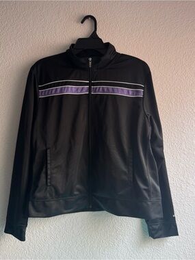 Champion Black Atletic Jacket purple stripe Silky feel. Zip up. Side pockets XL